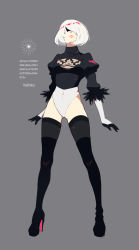 Rule 34 | 1girl, arms at sides, black dress, black footwear, black gloves, black hairband, black shirt, black thighhighs, blindfold, boots, breasts, character name, commentary request, covered eyes, covered navel, cropped shirt, dress, feather-trimmed sleeves, feather trim, full body, gloves, gluteal fold, grey background, hair over eyes, hair over one eye, hairband, high heel boots, high heels, highleg, highleg leotard, highres, juliet sleeves, legs apart, leotard, long sleeves, medium breasts, mole, mole under mouth, multicolored hair, nier (series), nier:automata, no pants, nose, parted lips, puffy sleeves, red hair, seto (asils), shirt, short hair, simple background, skin tight, skirt, unworn skirt, small breasts, solo, standing, streaked hair, thigh boots, thighhighs, thighhighs under boots, turtleneck, two-tone hair, vambraces, weapon, white hair, white leotard, 2b (nier:automata)