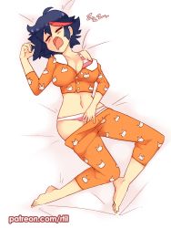 Rule 34 | 1girl, animal print, black hair, blue eyes, blush, bra, clothes pull, drooling, feet, kill la kill, matoi ryuuko, mouth drool, multicolored hair, off shoulder, open mouth, pajamas, panties, pants, pants pull, partially undressed, pillow, rabbit print, red hair, rtil, short hair, sleeping, solo, streaked hair, striped bra, striped clothes, striped panties, two-tone hair, underwear, watermark, web address, white background, zzz