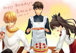 Rule 34 | 1girl, 2boys, alcohol, apron, birthday, black hair, blonde hair, blue eyes, bracelet, brown eyes, brown hair, cake, casual, child, cup, cupping glass, drinking glass, fate/zero, fate (series), food, gilgamesh (fate), hair ribbon, jewelry, kotomine kirei, mapo tofu, multiple boys, necklace, official alternate costume, red eyes, ribbon, sparkle, tenguu rio, tohsaka rin, twintails, wine, wine glass, aged down