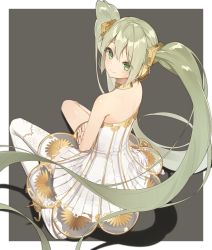 Rule 34 | 1girl, bare shoulders, blush, border, closed mouth, collar, dress, from behind, full body, green eyes, green hair, grey background, hatsune miku, headgear, highres, layered dress, long hair, looking at viewer, looking back, miku symphony (vocaloid), outside border, se.a, see-through, simple background, single thighhigh, sitting, smile, solo, strapless, strapless dress, thighhighs, twintails, very long hair, vocaloid, wariza, white border, white dress, white thighhighs