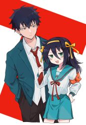 Rule 34 | 1boy, 1girl, armband, black hair, black pants, blue jacket, blue sailor collar, blue skirt, collarbone, cosplay, crossover, green eyes, hair ribbon, hand on own hip, hands in pockets, highres, jacket, kita high school uniform, kuroki tomoki, kuroki tomoko, kyon, kyon (cosplay), long hair, looking at another, looking at viewer, necktie, nuka (nukamochi), open clothes, open jacket, open mouth, pants, red armband, red necktie, ribbon, sailor collar, school uniform, serafuku, shirt, short hair, skirt, suzumiya haruhi, suzumiya haruhi (cosplay), suzumiya haruhi no yuuutsu, watashi ga motenai no wa dou kangaetemo omaera ga warui!, white shirt, winter uniform, yellow ribbon