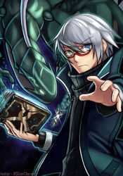 Rule 34 | 1boy, absurdres, amulet, blue eyes, book, chaos (under night in-birth), closed mouth, dragon, glasses, grey hair, highres, holding, holding book, long sleeves, looking at viewer, male focus, mixed-language commentary, open hand, red-framed eyewear, rimless eyewear, semi-rimless eyewear, serious, silverchariotx, solo, sweater, turtleneck, turtleneck sweater, under-rim eyewear, under night in-birth, v-shaped eyebrows