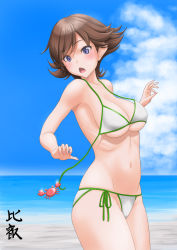 Rule 34 | 1girl, assisted exposure, beach, bikini, blue sky, breasts, brown hair, cloud, commentary request, crab, day, flipped hair, hiei (kancolle), highres, kantai collection, medium breasts, navel, ocean, open mouth, outdoors, short hair, side-tie bikini bottom, sky, solo, stomach, swimsuit, t2r, wardrobe malfunction, white bikini