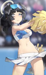 Rule 34 | 1girl, animal ears, black hair, blue archive, blurry, blurry background, breasts, cleavage, closed mouth, collared shirt, cowboy shot, crop top, dog ears, dog girl, dog tail, extra ears, gluteal fold, goggles, goggles on head, grey eyes, had (had314), halo, hibiki (blue archive), hibiki (cheer squad) (blue archive), highres, holding, holding pom poms, looking at viewer, medium breasts, midriff, miniskirt, navel, open mouth, outstretched arm, panties, pantyshot, pom pom (cheerleading), pom poms, ponytail, raised eyebrows, shirt, skirt, sleeveless, sleeveless shirt, small breasts, solo, standing, sweat, tail, underwear, upskirt, white panties