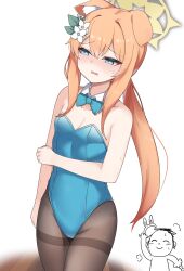 Rule 34 | 1boy, 1girl, absurdres, animal ear fluff, animal ears, doodle sensei (blue archive), asuna (blue archive), asuna (blue archive) (cosplay), bare shoulders, blue archive, blue bow, blue bowtie, blue leotard, bow, bowtie, breasts, brown pantyhose, cleavage, cosplay, detached collar, flower, hair flower, hair ornament, halo, highres, leotard, long hair, mari (blue archive), official alternate costume, orange hair, paingumi, pantyhose, playboy bunny, ponytail, sensei (blue archive), simple background, small breasts, solo, white background