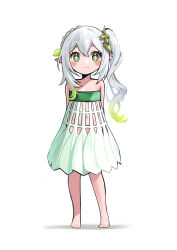 Rule 34 | 1girl, arms behind back, bad id, bad twitter id, barefoot, blush stickers, closed mouth, full body, genshin impact, gou d, gradient hair, green eyes, grey hair, hair ornament, highres, long hair, looking at viewer, multicolored hair, nahida (genshin impact), navel, pointy ears, simple background, smile, solo, white background