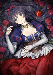 Rule 34 | 1girl, apple, black hair, blue shirt, breasts, bridal gauntlets, cleavage, commentary request, eyebrows hidden by hair, food, fruit, grey eyes, hair between eyes, hair ribbon, hand up, highres, long hair, lying, medium breasts, on back, parted lips, puff and slash sleeves, puffy sleeves, red apple, red ribbon, red skirt, ribbon, shirt, skirt, snow white, snow white (grimm), solo, tyone, very long hair