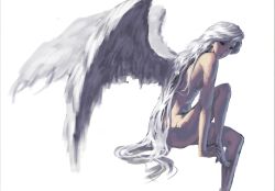 Rule 34 | 1girl, angel, angel wings, arm support, barefoot, breasts, lips, long hair, nude, original, red eyes, scrap iron, simple background, sitting, solo, very long hair, white background, white hair, wings