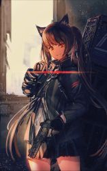 Rule 34 | 1girl, animal ears, black gloves, black jacket, black skirt, brown hair, cat ears, commentary, cowboy shot, fingerless gloves, gloves, gun, handgun, highres, holding, holding gun, holding weapon, inabi, indoors, jacket, light particles, long hair, long sleeves, looking at viewer, original, parted lips, pistol, pleated skirt, red eyes, ruins, skirt, smile, solo, standing, trigger discipline, twintails, very long hair, weapon