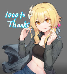 Rule 34 | 1girl, :q, absurdres, black shirt, blonde hair, blue nails, blue pants, breasts, closed mouth, collarbone, cowboy shot, crop top, denim, finger heart, flower, genshin impact, grey background, grey jacket, hair flower, hair ornament, hands up, heart, highres, jacket, long sleeves, looking at viewer, lumine (genshin impact), midriff, nail polish, navel, open clothes, open jacket, orange eyes, pants, ribbed shirt, shiliuyexiaohei, shirt, short hair with long locks, simple background, small breasts, solo, thank you, tongue, tongue out