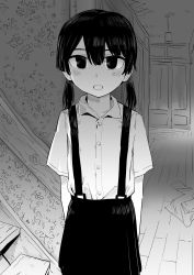 Rule 34 | 1girl, absurdres, blush, buttons, ceiling, ceiling light, clothes on floor, collared shirt, cowboy shot, expressionless, greyscale, hair between eyes, hakonnbo, hallway, highres, indoors, looking at viewer, monochrome, open mouth, original, shirt, short hair, short twintails, skirt, solo, stairs, suspender skirt, suspenders, twintails, wallpaper (object), wooden floor
