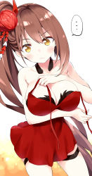 Rule 34 | ..., 1girl, absurdres, adjusting clothes, azur lane, bare shoulders, blush, breasts, brown hair, cleavage, collarbone, commentary request, dress, gradient background, hair ornament, highres, large breasts, long hair, looking at viewer, looking down, red dress, ryuki (ryukisukune), side ponytail, signature, simple background, solo, very long hair, yellow eyes, zuikaku (azur lane)