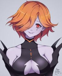 Rule 34 | 1girl, breasts, center opening, cleavage, earrings, facial mark, fire emblem, fire emblem: three houses, grey background, hair over one eye, jewelry, kronya (fire emblem), large breasts, looking at viewer, nintendo, orange hair, pale skin, red eyes, revealing clothes, short hair, sideboob, smile, solo, tagme, teardrop tattoo, upper body