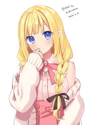 Rule 34 | 1girl, black ribbon, blonde hair, blue eyes, blunt bangs, blush, braid, cardigan, closed mouth, dated, elf, hair over shoulder, hair ribbon, hand on own face, heart, highres, jewelry, long hair, long sleeves, neck ribbon, necklace, off shoulder, open cardigan, open clothes, original, pink cardigan, pink ribbon, pink shirt, pointy ears, ribbon, rimo, shirt, simple background, single braid, sleeves past wrists, smile, solo, tareme, upper body, white background