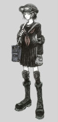 Rule 34 | 1girl, bag, blue bag, boots, clenched hand, closed mouth, elbow pads, fingerless gloves, gloves, goggles, goggles on headwear, grey background, greyscale, helmet, knee pads, monochrome, original, otsu (outsunaruse), red neckwear, school bag, school uniform, serafuku, short hair, simple background, sketch, skirt, solo, spot color, standing, uniform