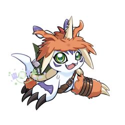 Rule 34 | belt, cosplay, digimon, digimon (creature), gomamon, green eyes, simple background, solo, tail, white background, zudomon, zudomon (cosplay)