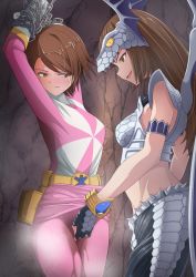 Rule 34 | 2girls, animification, armor, arms up, belt, blush, bound, bound arms, brown eyes, brown hair, chain, chained, denus, evil spirit princess denus, fingering, fingering through clothes, gloves, go pink, hair ornament, highres, indoors, kyuukyuu sentai gogofive, long hair, midriff, molestation, multiple girls, parted lips, pussy juice, pussy juice stain, restrained, short hair, smirk, standing, steam, super sentai, swept bangs, tatsumi matsuri, through clothes, toya1s, white gloves, yellow belt, yuri