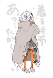 Rule 34 | 1girl, absurdres, ahoge, blanket, blanket hug, blue eyes, blush, chestnut mouth, commentary request, dress, excited, full body, grey dress, grey hair, hair ornament, highres, kizuna akari, long hair, looking up, open mouth, orange pantyhose, pantyhose, short dress, slippers, sobamushi mo, solo, sparkle, sparkling eyes, standing, striped clothes, striped pantyhose, sweatdrop, translation request, trembling, v-shaped eyebrows, vertical-striped clothes, vertical-striped pantyhose, very long hair, vocaloid, voiceroid, white background