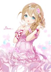 Rule 34 | 1girl, :o, arm ribbon, baba konomi, bad id, bad pixiv id, bare shoulders, blush, bow, dress, flower, green eyes, hair between eyes, hair flower, hair ornament, hands up, haruri, head tilt, highres, idolmaster, idolmaster million live!, jewelry, light brown hair, long hair, necklace, one side up, parted lips, pearl necklace, pink bow, pink dress, pink flower, pinky out, purple ribbon, ribbon, signature, solo, strapless, strapless dress, white background