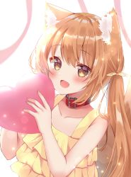 Rule 34 | 1girl, :d, animal collar, animal ear fluff, animal ears, brown eyes, collar, fang, fox ears, fox girl, fox tail, hamico, highres, light brown hair, long hair, open mouth, original, sleeveless, smile, solo, tail, twintails