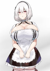 Rule 34 | 1girl, absurdres, anchor choker, azur lane, breasts, cleavage, dress, hairband, highres, huge breasts, lace-trimmed hairband, lace trim, looking at viewer, maid, maid headdress, negi seijin, red eyes, short hair, sirius (azur lane), standing, thighhighs, white background, white dress, white hair
