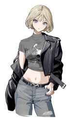 1girl belt black_jacket blonde_hair blue_eyes blue_nails cropped_shirt denim highres jacket jacket_partially_removed jeans kimura_731 leather leather_jacket looking_at_viewer midriff nail_polish navel original pants shirt simple_background solo t-shirt torn_clothes torn_jeans torn_pants white_background