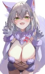 Rule 34 | 1girl, alternate costume, animal ears, blush, braid, breast focus, breasts, claws, cleavage, cosplay, fate/grand order, fate (series), green eyes, grey hair, hair between eyes, hololive, large breasts, looking at viewer, mash kyrielight, mash kyrielight (cosplay), mash kyrielight (dangerous beast), mash kyrielight (dangerous beast) (cosplay), navel, open mouth, revealing clothes, rum raisin (chihiromakita19), shirogane noel, short hair, smile, solo, tail, virtual youtuber