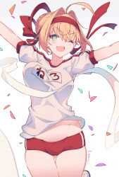 Rule 34 | 1girl, absurdres, ahoge, arms up, artist name, blonde hair, bow, braid, breasts, buruma, cameltoe, collarbone, commentary, confetti, eyelashes, fang, fate (series), french braid, gradient background, green eyes, grey background, groin, gym uniform, hair intakes, hair ribbon, hairband, happy, highres, jumping, large breasts, litsvn, looking at viewer, navel, nero claudius (fate), nero claudius (fate) (all), nero claudius (fate/extra), nero claudius (olympian bloomers) (fate), official alternate costume, one eye closed, open mouth, outstretched arms, red bow, red buruma, red hairband, red ribbon, revision, ribbon, shirt, short hair, short sleeves, signature, smile, solo, stomach, thighs, unaligned breasts, white background, white shirt