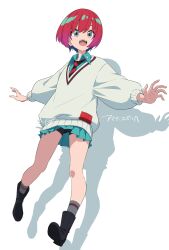 1girl absurdres amate_yuzuriha aqua_eyes aqua_shirt aqua_skirt asanaya bike_shorts boots gundam gundam_gquuuuuux highres long_sleeves looking_at_viewer necktie open_mouth red_hair school_uniform shirt short_hair simple_background skirt smile socks solo sweater white_background