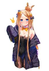 Rule 34 | abigail williams (fate), akirannu, bare shoulders, blonde hair, blue bow, blue jacket, blush, bow, bowtie, breasts, cleavage, commentary request, cowboy shot, cropped legs, detached collar, eyes visible through hair, fate/grand order, fate (series), fishnet pantyhose, fishnets, gluteal fold, hair bun, hair ornament, highres, jacket, jacket partially removed, large forehead, leotard, long hair, looking at viewer, navel, pantyhose, playboy bunny, rabbit symbol, single hair bun, sleeves past fingers, sleeves past wrists, small breasts, solo, thighs, very long hair, white background, yellow bow, yellow bowtie