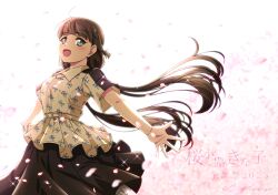 Rule 34 | 1girl, birthday, blunt bangs, blush, braid, breasts, brown hair, cherry blossoms, french braid, green eyes, highres, long hair, love live!, love live! superstar!!, low twintails, medium breasts, musashiya chougenbou, petals, sakurakoji kinako, smile, solo, sparkle, twintails, twitter username