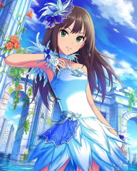 Rule 34 | 10s, 1girl, architecture, bare shoulders, blue dress, brown hair, cloud, cloudy sky, collarbone, day, dress, dutch angle, feathers, flower, gloves, green eyes, hair ornament, idolmaster, idolmaster cinderella girls, ivy, long hair, looking at viewer, official art, outdoors, ruins, shibuya rin, short dress, sky, solo