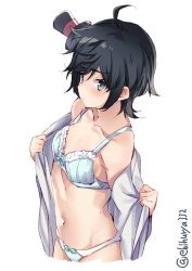 Rule 34 | 1girl, ahoge, bare shoulders, black hair, bra, breasts, cowboy shot, cropped legs, ebifurya, from above, from side, green eyes, groin, hat, highres, japanese clothes, kantai collection, kimono, matsukaze (kancolle), meiji schoolgirl uniform, mini hat, mini top hat, navel, panties, short hair, simple background, small breasts, solo, stomach, swept bangs, top hat, twitter username, underwear, white background, white bra, white panties