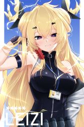 Rule 34 | 1girl, absurdres, arknights, arm strap, bare shoulders, black gloves, blonde hair, blue background, blush, breasts, character name, commentary, fingerless gloves, gloves, hair between eyes, hand up, highres, horns, id card, leizi (arknights), long hair, looking at viewer, medium breasts, purple eyes, sleeveless, solo, star (symbol), upper body, z.taiga