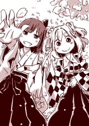 Rule 34 | 2girls, bell, blush, checkered clothes, checkered kimono, flower, hair bell, hair flower, hair ornament, hakama, hakama skirt, hieda no akyuu, highres, holding hands, japanese clothes, jingle bell, kimono, lying, meiji schoolgirl uniform, monochrome, motoori kosuzu, multiple girls, open mouth, outstretched arm, outstretched hand, petals, reaching, short hair, skirt, smile, sonson (eleven), touhou, twintails