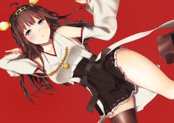Rule 34 | 10s, 1girl, bare shoulders, blue eyes, boots, brown hair, hareno chiame, kantai collection, kongou (kancolle), long hair, luetzow, red background, shoes, simple background, single shoe, solo, thigh boots, thighhighs