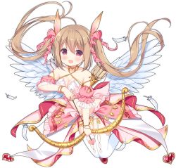 Rule 34 | 1girl, :d, ark order, arrow (projectile), blush, bow, bow (weapon), breasts, brown hair, crop top, detached sleeves, drawing bow, eros (ark order), feathered wings, feathers, floating, frilled sleeves, frills, full body, garter straps, gold trim, hair bow, holding, holding arrow, holding bow (weapon), holding weapon, ikataruto, long hair, looking at viewer, medium breasts, official art, open mouth, panties, pink bow, pink eyes, pink shirt, pink skirt, puffy short sleeves, puffy sleeves, quiver, shirt, short sleeves, sidelocks, skirt, smile, solo, tachi-e, thighhighs, transparent background, twintails, underwear, very long hair, weapon, white feathers, white panties, white thighhighs, white wings, wings
