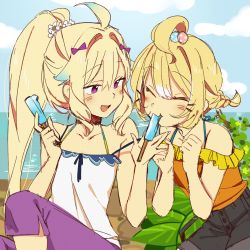 Rule 34 | 2girls, absurdly long hair, absurdres, ahoge, alternate hairstyle, bare shoulders, bell, black shorts, blonde hair, blue hair, blush, bob cut, bow, breasts, camisole, chuu shiyou, cloud, eating, enna alouette, feeding, flower, food, hair flower, hair ornament, hairclip, highres, jingle bell, long hair, looking at another, millie parfait, multicolored hair, multiple girls, nijisanji, nijisanji en, orange shirt, pants, ponytail, popsicle, purple bow, purple eyes, purple pants, shirt, short hair, short twintails, shorts, sky, sleeveless, small breasts, smile, tree, twintails, very long hair, virtual youtuber, water, white camisole, white flower, yuri