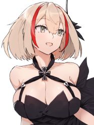 Rule 34 | 1girl, azur lane, bad id, bad pixiv id, bare shoulders, black dress, blonde hair, breasts, brown eyes, cleavage, commentary request, dress, halter dress, halterneck, large breasts, looking away, multicolored hair, red hair, roon (azur lane), roon (dark red grin) (azur lane), short hair, simple background, solo, streaked hair, suminagashi, upper body, white background