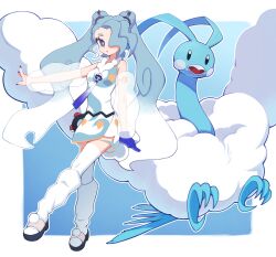 Rule 34 | 1girl, altaria, blue background, border, bright pupils, commentary, creatures (company), crossover, detached sleeves, dress, eyelashes, eyeshadow, flying miku (project voltage), game freak, gen 3 pokemon, grey eyes, grey hair, hatsune miku, hibun tsukasa, holster, long hair, looking at viewer, loose socks, makeup, necktie, nintendo, outline, outside border, poke ball, poke ball (basic), pokemon, pokemon (creature), project voltage, see-through, see-through sleeves, shoes, socks, thighhighs, twintails, vocaloid, white border, white pupils, white socks, white thighhighs