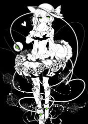 Rule 34 | 1girl, absurdres, bad id, bad pixiv id, black background, closed mouth, covering own mouth, eyeball, eyebrows, floral print, flower, frilled sleeves, frills, green eyes, greyscale, hands in opposite sleeves, hat, hat ribbon, heart, heart of string, highres, komeiji koishi, long sleeves, looking away, looking to the side, miniskirt, monochrome, multiple monochrome, plant, ribbon, rose, rose print, sheya, shoes, skirt, solo, spot color, third eye, thorns, touhou, uneven eyes, vines, wavy hair, wide sleeves