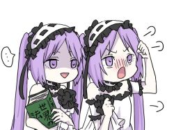 Rule 34 | 2girls, bad id, bad twitter id, bare shoulders, blush, book, choker, clenched hands, damemoto 000, dress, euryale (fate), fate/apocrypha, fate/grand order, fate (series), frills, hairband, holding, holding book, kanji, lolita hairband, multiple girls, no nose, open mouth, purple eyes, purple hair, siblings, sisters, stheno (fate), strapless, strapless dress, translated, triangle mouth, twins, twintails, upper body, white background