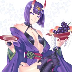 Rule 34 | 1girl, akapug621, bad id, bad pixiv id, blunt bangs, collarbone, cup, fangs, fate/grand order, fate (series), flat chest, food, fruit, grapes, hair ornament, holding, horns, japanese clothes, kimono, looking at viewer, obi, open clothes, open kimono, purple eyes, purple hair, purple kimono, sakazuki, sash, shiny skin, short hair, shuten douji (fate), sitting, solo, thighhighs, white background