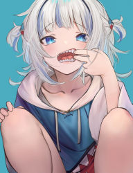 Rule 34 | 1girl, betabeet, blue background, blue eyes, blue hair, blue hoodie, blush, cheek pull, collarbone, drawstring, gawr gura, gawr gura (1st costume), highres, hololive, hololive english, hood, hood down, hoodie, long sleeves, looking at viewer, mouth pull, multicolored hair, open mouth, saliva, sharp teeth, short hair, silver hair, simple background, solo, squatting, streaked hair, teeth, two-tone hair, two side up, uvula, virtual youtuber, wide sleeves