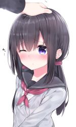 Rule 34 | 1girl, black hair, black sailor collar, blush, closed mouth, grey sweater, hair between eyes, headpat, highres, long hair, long sleeves, low twintails, neckerchief, neku (neku draw), nose blush, one eye closed, original, out of frame, purple eyes, red neckerchief, sailor collar, school uniform, serafuku, shirt, simple background, solo focus, sweater, twintails, upper body, white background, white shirt
