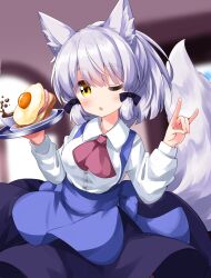 1girl ;o animal_ear_fluff animal_ears apron ascot blue_apron blue_skirt blurry blurry_background blush breasts buttons coffee collared_shirt commentary_request cowboy_shot cup egg_(food) food fox_ears fox_girl fox_shadow_puppet fox_tail hands_up highres holding holding_tray indoors long_sleeves machikado_mazoku medium_breasts one_eye_closed open_mouth purple_hair red_ascot riko_(machikado_mazoku) ruu_(tksymkw) shirt short_hair skirt solo tail tray white_shirt yellow_eyes