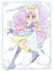 Rule 34 | asymmetrical legwear, blouse, blue eyes, blue shirt, blush, character name, cure gelato, cure gelato (a la mode style), dress, full body, hand on own hip, long hair, mismatched legwear, parted bangs, purple hair, shirt, smile, solo, standing, tail, twintails