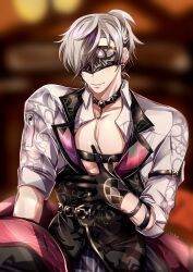 Rule 34 | 1boy, black hair, blindfold, breasts, chest strap, choker, collar, earrings, gloves, green eyes, grey hair, highres, jewelry, male focus, mole, mole on breast, mole under mouth, multicolored hair, nu carnival, open clothes, open shirt, parted lips, pectoral cleavage, pectorals, rei (nu carnival), short hair, short ponytail, smile, smug, strap, teeth, yadome810