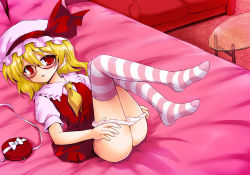Rule 34 | 1girl, ascot, bed, bespectacled, blonde hair, blush, contemporary, embodiment of scarlet devil, female focus, flandre scarlet, glasses, hat, leg lift, lying, marugoshi (54burger), md5 mismatch, on bed, panties, panty pull, resolution mismatch, short hair, solo, source smaller, striped clothes, striped thighhighs, thighhighs, touhou, underwear, white panties