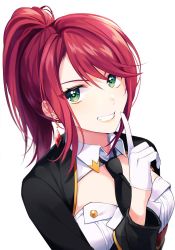 Rule 34 | 1girl, bad id, bad pixiv id, bang dream!, black jacket, black necktie, detached collar, earrings, finger to mouth, gloves, green eyes, grin, half gloves, index finger raised, jacket, jewelry, long sleeves, looking at viewer, minori (faddy), necktie, ponytail, red hair, shirt, sidelocks, simple background, smile, solo, udagawa tomoe, upper body, white background, white gloves, white shirt